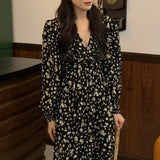 Zjkrl  -  holiday outfits Elegant Autumn Vintage Print Floral Chiffon Dress High Waist Spring A-Line Woman Dresses Party Luxury Long Sleeve Vestido