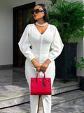 ZJKRL -  Women One-piece Dress Elegant Sexy V Neck Long Sleeve Dresses for Evening Parties Fall White Mid Length Dress with Sleeves