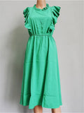 Zjkrl  -  Summer Ladies Elegant Dot Print Chic Dress Women Casual Butterfly Sleeve Ruffles Medium Long Chiffon Dress