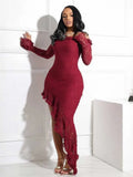 ZJKRL -  Women Elegant Slash Neck Dress Irregular Sexy Lace See Through Dress Hollow Out Mid-length Summer Dress