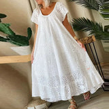 Fashion O-neck Ruffled Long Dress 2024 Elegant Lace Crochet Hollow Loose Party Dress Women Casual Short Sleeve Solid Maxi Dress