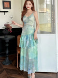 ZJKRL  -  Elegant Sweet Print Womens Dresses Sexy Spaghetti Strap V-Neck Ruffles Princess Birthday Party Midi Dress Summer Beach Vestidos