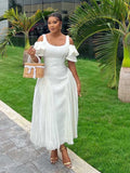 ZJKRL -  White Dresses Woman Summer Pleated Ruffle Hem Sexy Dress Ladies Off The Shoulder Elegant Long Slim Dress