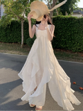 Summer Beige Elegant Embroidered Ruffle Edge Slip Dress Women Temperament Square Collar Backless Pleated Long Sundress Vestidos