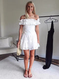 Zjkrl - Beach Style Vacation Summer Dress Women Clothes  Sweet White Cutwork Embroidery Dress Ruffle Trim Off Shoulder Short Dresses