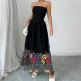 ZJKRL -  Fashion Mesh Spliced Women Black Strapless Dress Summer New Floral Embroidery Maxi Dress 2025 Casual Simple Pleated Vestidos