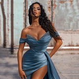 Zjkrl  -  Sexy Grey Blue Prom Dress Off Shoulder Beaded Satin Evening Dress Mermaid for Women V-Neck Pleated Backless Evening Party Gown