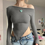 Zjkrl  -  Sexy Asymmetrical Tees Women T-shirt Solid New Autumn Streetwear Long Sleeves Crop Top Fashion Casual Bodycon T-shirts Female