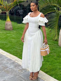 ZJKRL -  White Dresses Woman Summer Pleated Ruffle Hem Sexy Dress Ladies Off The Shoulder Elegant Long Slim Dress