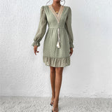 Women's 2023 Casual Fall Dress Long Sleeve Lace Trim V Neck Belted Short A Line Flowy Dress