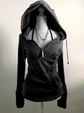 ZJKRL  -  Gray lamb wool hooded sweatshirt zipper jacket for women Korean style early autumn slim fit design casual yoga sports short top