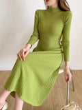 Zjkrl - Autumn Winter 2023 Slim Long Sleeve Party Midi Dress for Women Knitted Half High Collar Elegant Knitted Sweater Dresses Ladies