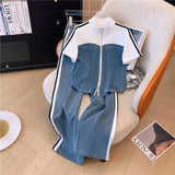 Zjkrl  -  holiday outfits Summer New Stitched Zipper T-shirt Top Female Set Elegant Women's Jeans Casual Blouse Two Piece Set Ladies Tracksuits