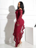 ZJKRL -  Women Elegant Slash Neck Dress Irregular Sexy Lace See Through Dress Hollow Out Mid-length Summer Dress