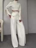Zjkrl  -  holiday outfits Women Pant Set Solid Two Piece Sets Turtleneck Full Sleeve Tops Sexy Wide Leg Long Pants Loose Casual Regular Splice