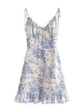 Retro French style Summer Blue White Floral Swallow Print Ruched Bandage Strap Mini Dress Sexy Ruffles Hem Lacing Up Sling Robe