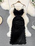 Zjkrl - Ins Fashion Women Christmas Red Long Dress High Waist Lace Patchwork Side Split Velvet Long Dress Party Vestidos