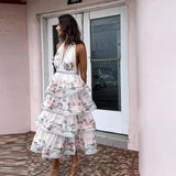 Zjkrl  -  Beach Print Halter Dress Women Summer Fluffy Sleevelss Backless Princess Dress Female Fashion Holiday Lady Long Robe