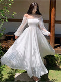 Zjkrl - Elegant Holiday Beach Dresses Summer Women Solid White Puff Sleeve Slash Neck Off Shoulder Korean Fashion Chiffon Dresses