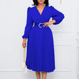 ZJKRL -  Autumn Ruffle Office Lady Dress Women Solid Pleated V Neck Ruched Long Sleeve Party Club Business Work Cocktail Maxi Dress Women