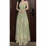 ZJKRL -  Mint Mambo Vacation Style Green Suspenders Dress Female Summer Ruffles Cinched Slimming Long Skirt