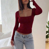 Zjkrl  -  New Women T-shirt Autumn Sexy Low Chest Solid Elegant T-shirt Streetwear Fashion Long Sleeves Casual Slim Versatile Female Tees