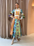 Zjkrl - 2023 Autumn New Print Holiday Women Beach Dress With Belts A-line Long Lantern Sleeve Single Breasted Lapel Seaside Dresses Robe
