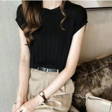 Zjkrl  -  holiday outfits Women Knitted Loose T-shirts O-Neck Casual Tees Tops Summer For Women Solid Short Sleeve Bottoming Shirts