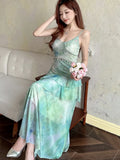 ZJKRL  -  Elegant Sweet Print Womens Dresses Sexy Spaghetti Strap V-Neck Ruffles Princess Birthday Party Midi Dress Summer Beach Vestidos