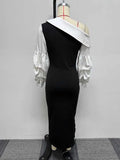 ZJKRL -  Women Sexy Spring Dresses with White Diagonal Collar Slim Fit Dress Long Sleeves Black Elegant Dress with Slit