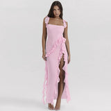 Ruffles Elegant Long Maxi Dress Women 2023 Summer Dress High Split Spaghetti Strap V Neck Nightclub Sexy Party Dresses
