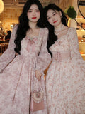 2024 Spring Pink Floral Elegant Dress Women Bandage Lace Print Sweet Vintage Dress Puff Sleeve Kawaii Dress Women Princess Fairy