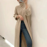 Zjkrl  -  holiday outfits High Neck Loose Slit Long Knit Sweater Bottom Sweater Dress Vestidos De Mujer Black Knitted Robe Vintage New Korean