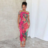ZJKRL -  Summer Women Print Slash Neck Bodycon Long Maxi Dress Short Sleeve Sexy Split Night Club Party Evening Vestido Dresses