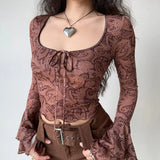 Zjkrl  -  Paisley Flare Sleeve T-shirts Women Vintage Slim Elegant Spring Autumn Literary Sexy Designer Lace-up Gentle Crop Tops Maillard