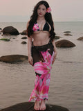 ZJKRL -  Puss Sexy Flower Print 3 Piece Set Women Thin Bra+Thong+ Long Skirts Matching Vacation Matching Clubwear Beach Swimsuit