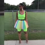 ZJKRL -  Summer Women Rainbow Print Mesh Mini Skirt Suit and Neon Green O Neck Rompers Matching Two 2 Piece Set Outfit with Belt