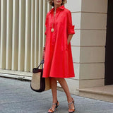 ZJKRL -  Solid Color Shirt Dress for Women Cotton-blended Long Sleeves Midi Dress 2025 Buttoned Loose Fit Commuter Outerfits