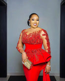 Zjkrl  -  Plus Size Arabic Aso Ebi Prom Dresses Red Lace Appliques Sheer Long Sleeves Sheath Evening Gowns Sweep Train Women Party Dress
