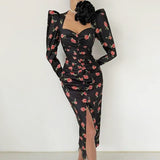 Sexy Square Collar Women Elegant Dresses Floral Print Long Sleeve High Waist Fold Slim Ladies Party Dress Spring Autumn Vestidos