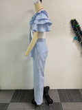 ZJKRL -  Wide Leg Woman Pants Set Summer Appliques White Top and Stripe Trouser Two Piece Office Ladies Wear