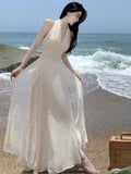 Zjkrl  -  Beach Holiday Dress Summer Sleeveless Halter Long Dresses Women Backless A-line V-neck Party Wedding Prom Robe Ropa Mujer