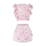 Zjkrl  -  New Summer Sunday Set elastic waistband Cropped top with ruffle detail and cute ruffle mini shorts skirts