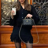 ZJKRL -  Solid Spliced Tassel To Piece Set for Women Lapel Long Sleeve Top High Waist Skirts Female Fashion Style New