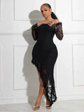 ZJKRL -  Women Elegant Slash Neck Dress Irregular Sexy Lace See Through Dress Hollow Out Mid-length Summer Dress