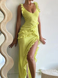 Ruffles Elegant Long Maxi Dress Women 2023 Summer Dress High Split Spaghetti Strap V Neck Nightclub Sexy Party Dresses