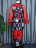 Women Printed Long Party Dress Mesh Hollow Out Patchwork O Neck  Ruffle See Through Vintage Classy Celebrate Occasion Gown Retro