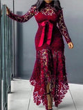 ZJKRL -  New Spring Hollow Out Lace Irregular Maxi Party Dress Women Solid Bodycon Evening Wedding Long Dress Women