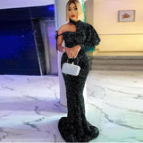 Zjkrl  -  Dark Green Sequined Evening Gowns Sparkly High Neck One Long Sleeve Prom Dresses African Women Formal Occasion Party Dress