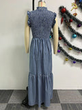 ZJKRL -  Sleeveless Maxi Dress Print Plaid Casual Dresses Summer Woman Elastic Waist Royal Blue Long Dress